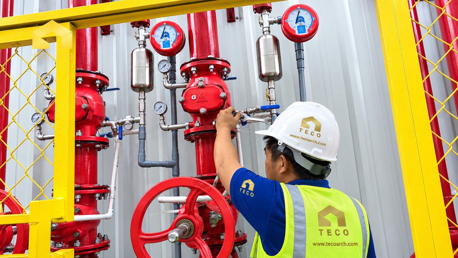 Kỹ thuật viên TECO kiểm tra cụm van báo động hệ thống chữa cháy sprinkler